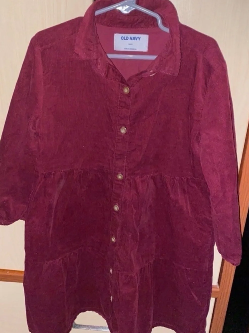 Old Navy Girls Burgundy Corduroy Tiered Shirt Dress Size 6-7